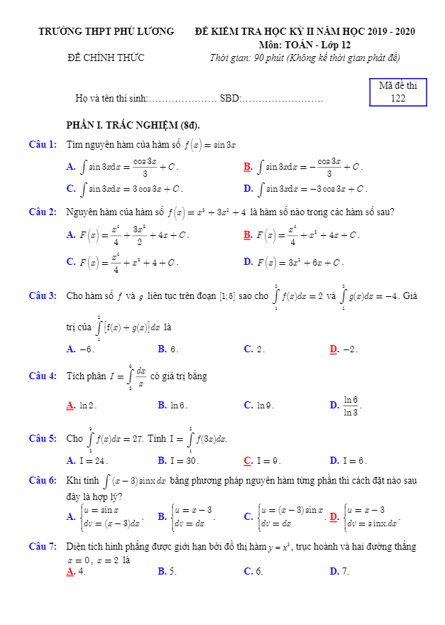 de thi hoc ki 2 hk2 lop 12 mon toan nam 2019 e28093 2020 truong thpt phu luong e28093 thai nguyen d