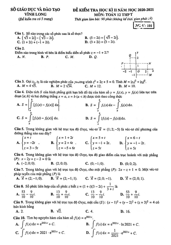 de thi hoc ki 2 hk2 lop 12 mon toan nam 2020 2021 so gd dt vinh long d