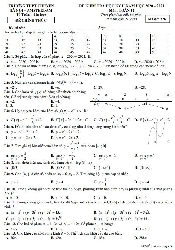 de thi hoc ki 2 hk2 lop 12 mon toan nam 2020 2021 truong chuyen ha noi amsterdam d