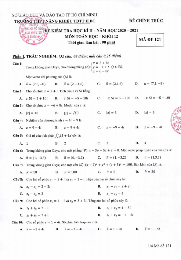 Đề thi học kì 2 (HK2) lớp 12 môn Toán năm 2020 2021 trường Năng khiếu TDTT Bình Chánh TP HCM 1 de thi hoc ki 2 hk2 lop 12 mon toan nam 2020 2021 truong nang khieu tdtt binh chanh tp hcm d