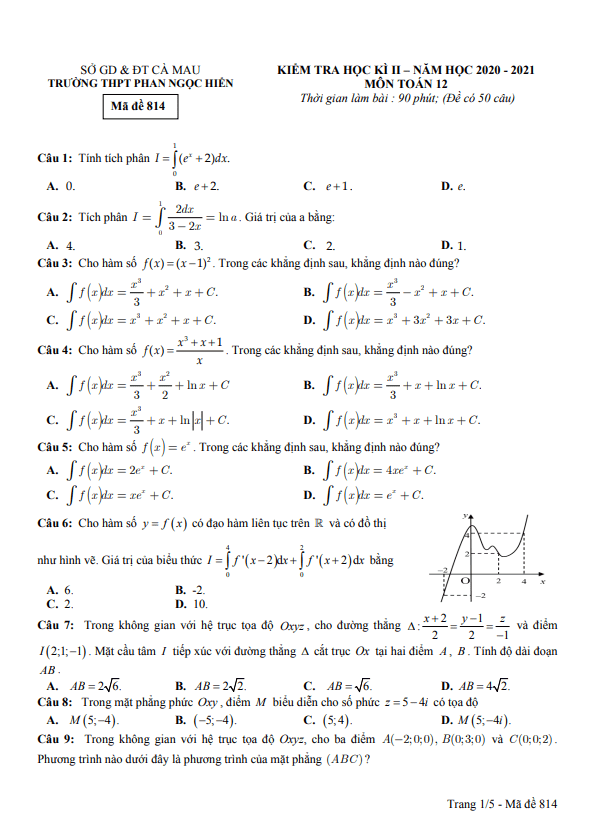 de thi hoc ki 2 hk2 lop 12 mon toan nam 2020 2021 truong phan ngoc hien ca mau d