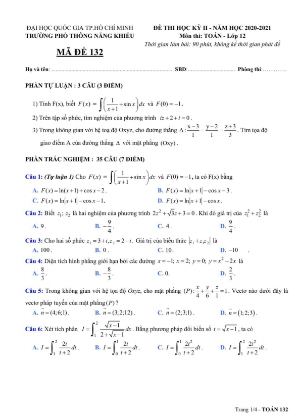 de thi hoc ki 2 hk2 lop 12 mon toan nam 2020 2021 truong pho thong nang khieu tp hcm d