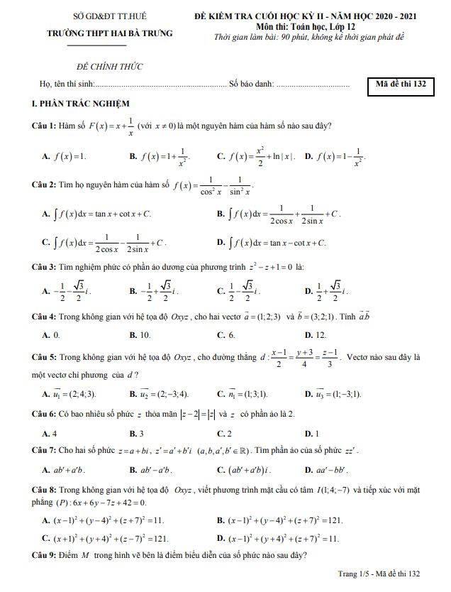 Đề thi học kì 2 (HK2) lớp 12 môn Toán năm 2020 2021 trường THPT Hai Bà Trưng TT Huế 5 de thi hoc ki 2 hk2 lop 12 mon toan nam 2020 2021 truong thpt hai ba trung tt hue d