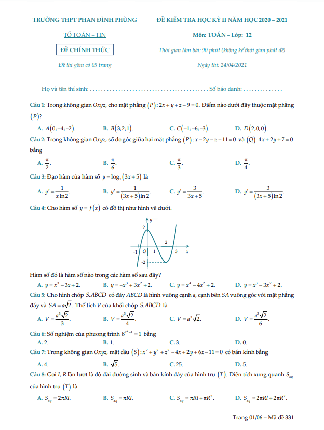 de thi hoc ki 2 hk2 lop 12 mon toan nam 2020 2021 truong thpt phan dinh phung ha noi d