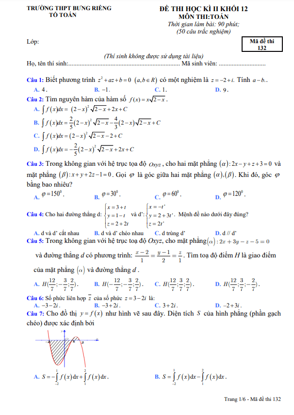 de thi hoc ki 2 hk2 lop 12 mon toan nam 2022 2023 truong thpt bung rieng br vt d