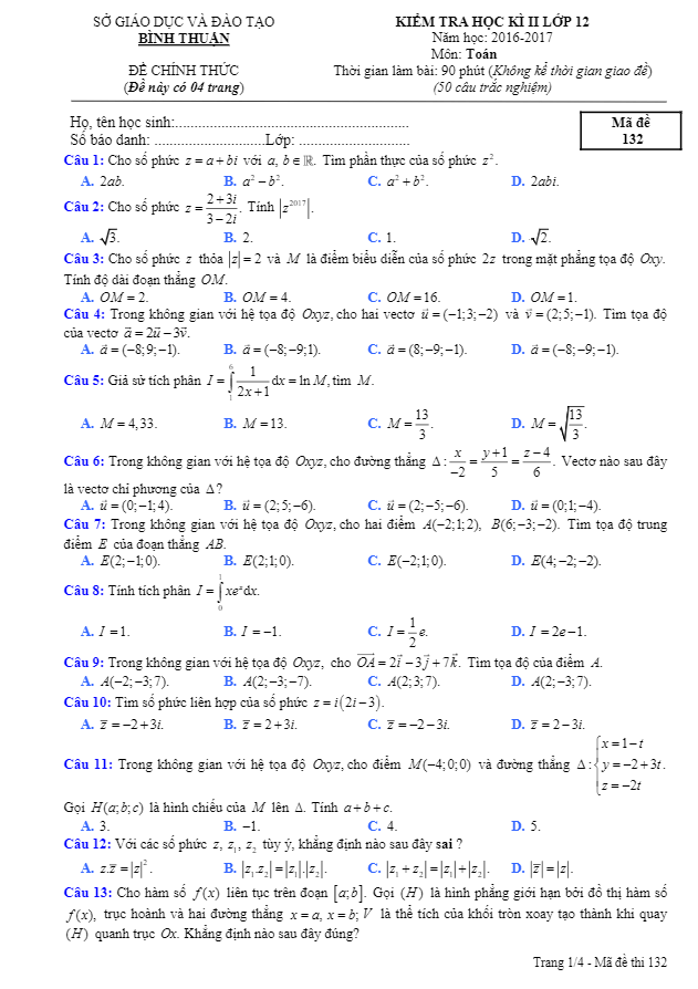 Đề thi học kì 2 (HK2) lớp 12 môn Toán năm học 2016 2017 sở GD và ĐT Bình Thuận 3 de thi hoc ki 2 hk2 lop 12 mon toan nam hoc 2016 2017 so gd va dt binh thuan d