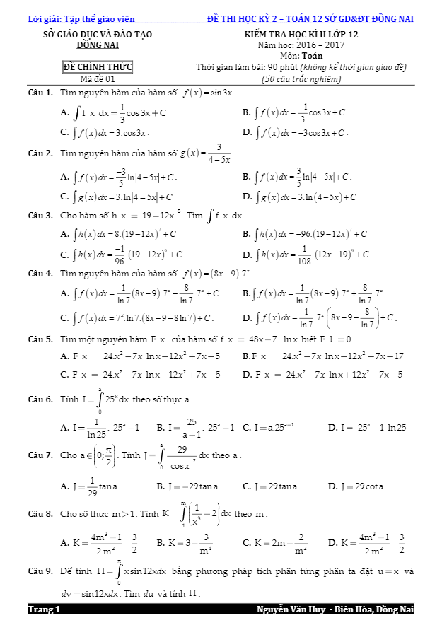 de thi hoc ki 2 hk2 lop 12 mon toan nam hoc 2016 2017 so gd va dt dong nai d