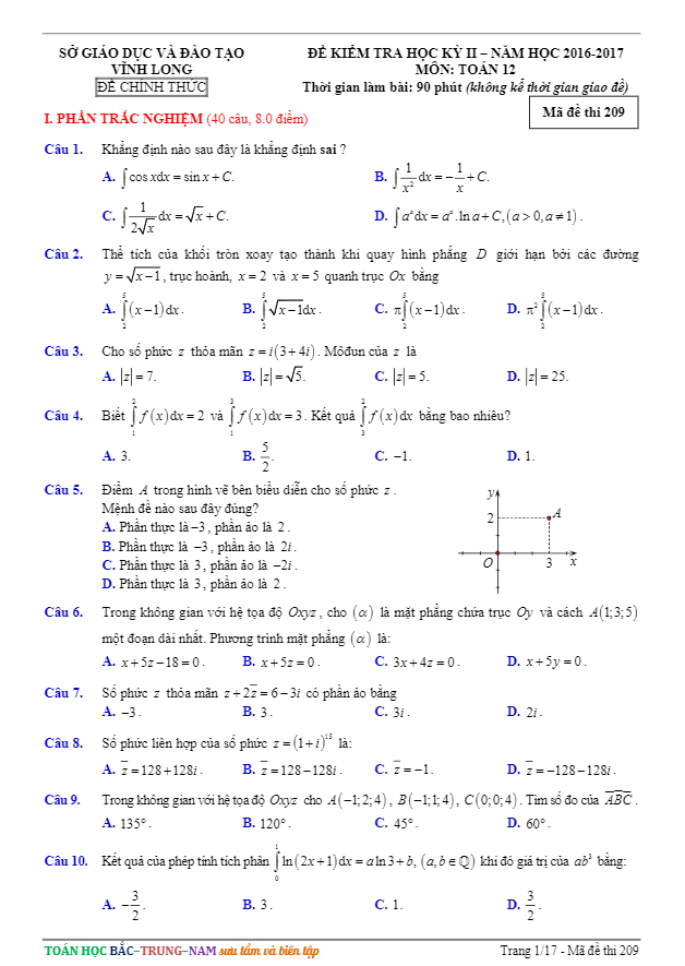 de thi hoc ki 2 hk2 lop 12 mon toan nam hoc 2016 2017 so gd va dt vinh long d