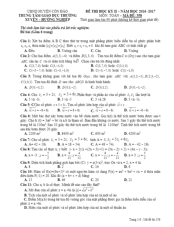 de thi hoc ki 2 hk2 lop 12 mon toan nam hoc 2016 2017 trung tam gdtx huyen con dao ba ria vung tau d