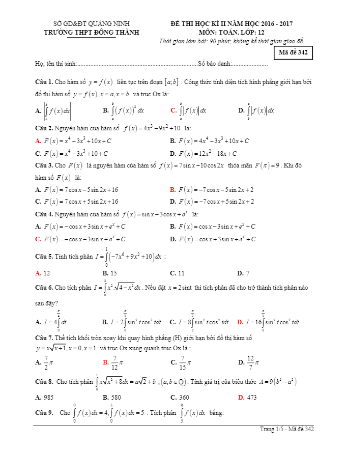 de thi hoc ki 2 hk2 lop 12 mon toan nam hoc 2016 2017 truong thpt dong thanh quang ninh d