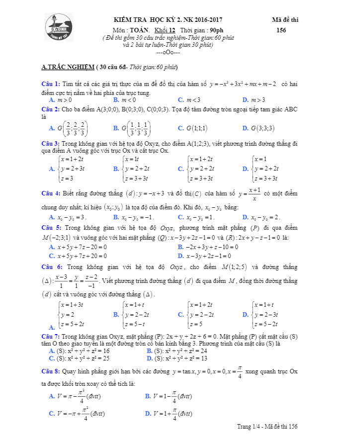 de thi hoc ki 2 hk2 lop 12 mon toan nam hoc 2016 2017 truong thpt gia dinh tp hcm d