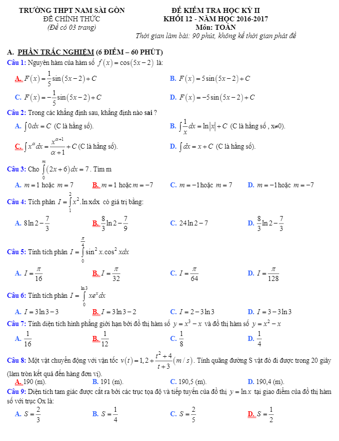 Đề thi học kì 2 (HK2) lớp 12 môn Toán năm học 2016 2017 trường THPT Nam Sài Gòn TP. HCM 6 de thi hoc ki 2 hk2 lop 12 mon toan nam hoc 2016 2017 truong thpt nam sai gon tp hcm d