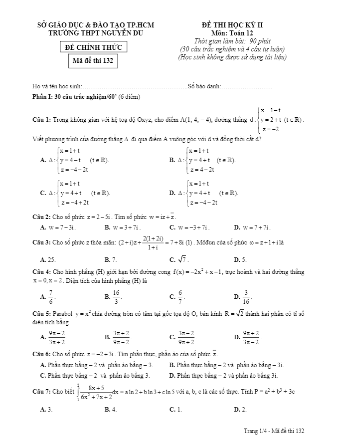 Đề thi học kì 2 (HK2) lớp 12 môn Toán năm học 2016 2017 trường THPT Nguyễn Du TP. HCM 2 de thi hoc ki 2 hk2 lop 12 mon toan nam hoc 2016 2017 truong thpt nguyen du tp hcm d