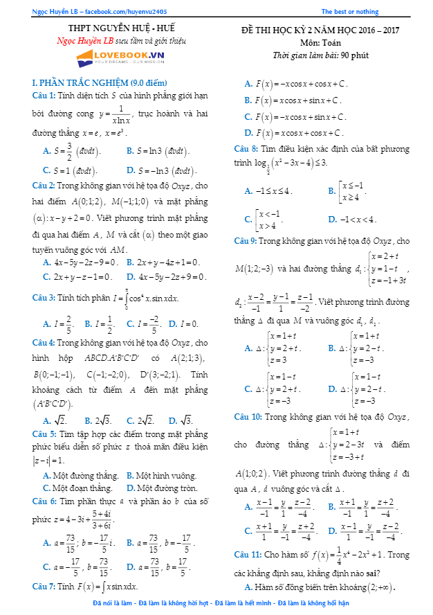 de thi hoc ki 2 hk2 lop 12 mon toan nam hoc 2016 2017 truong thpt nguyen hue tt hue d