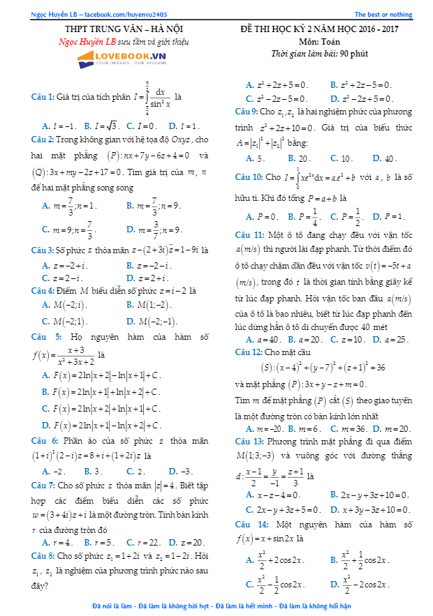 de thi hoc ki 2 hk2 lop 12 mon toan nam hoc 2016 2017 truong thpt trung van ha noi d