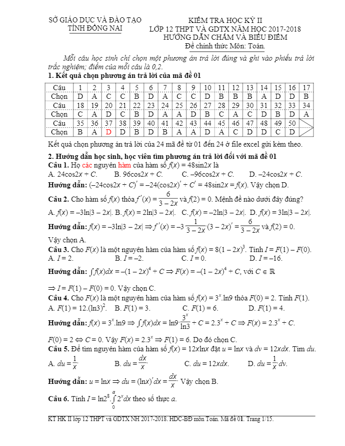 de thi hoc ki 2 hk2 lop 12 mon toan nam hoc 2017 2018 so gd va dt dong nai d