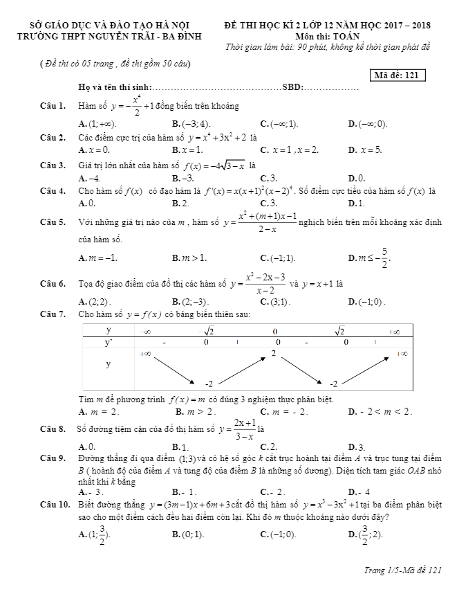 de thi hoc ki 2 hk2 lop 12 mon toan nam hoc 2017 2018 truong thpt nguyen trai ha noi d