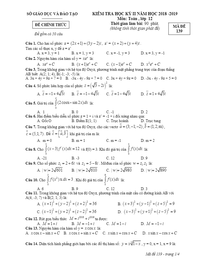 de thi hoc ki 2 hk2 lop 12 mon toan nam hoc 2018 2019 so gd dt binh duong d