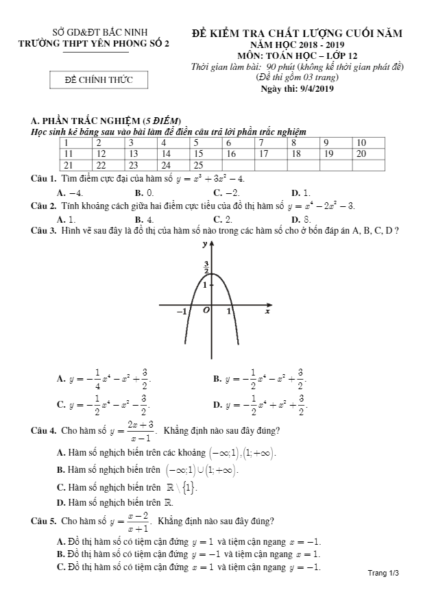 de thi hoc ki 2 hk2 lop 12 mon toan nam hoc 2018 2019 truong thpt yen phong 2 bac ninh d