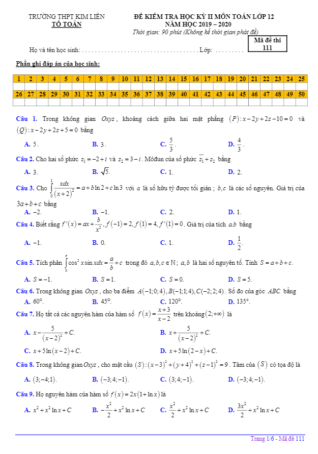 de thi hoc ki 2 hk2 lop 12 mon toan nam hoc 2019 2020 truong thpt kim lien ha noi d