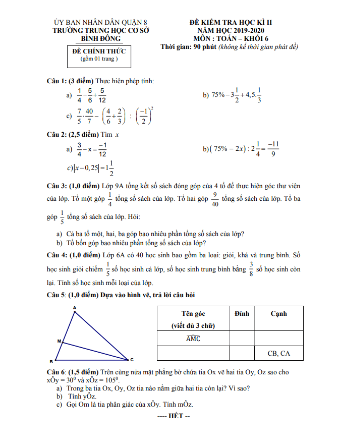 de thi hoc ki 2 hk2 lop 6 mon toan nam 2019 2020 truong thcs binh dong tp hcm d