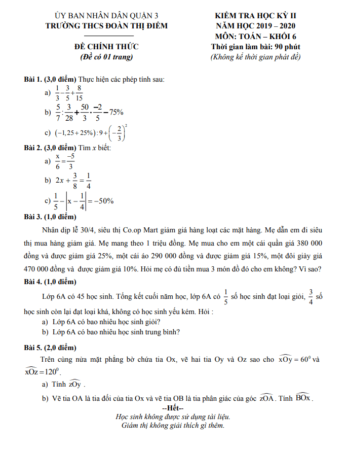 Đề thi học kì 2 (HK2) lớp 6 môn Toán năm 2019 2020 trường THCS Đoàn Thị Điểm TP HCM 5 de thi hoc ki 2 hk2 lop 6 mon toan nam 2019 2020 truong thcs doan thi diem tp hcm d