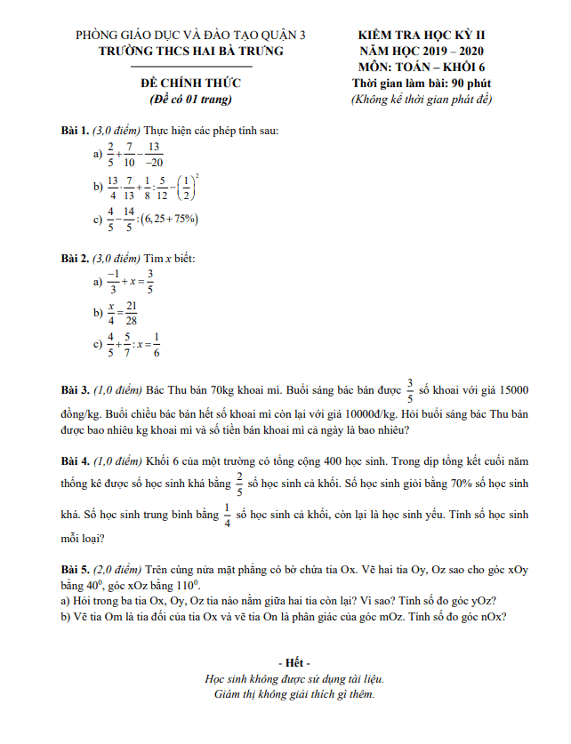 de thi hoc ki 2 hk2 lop 6 mon toan nam 2019 2020 truong thcs hai ba trung tp hcm d