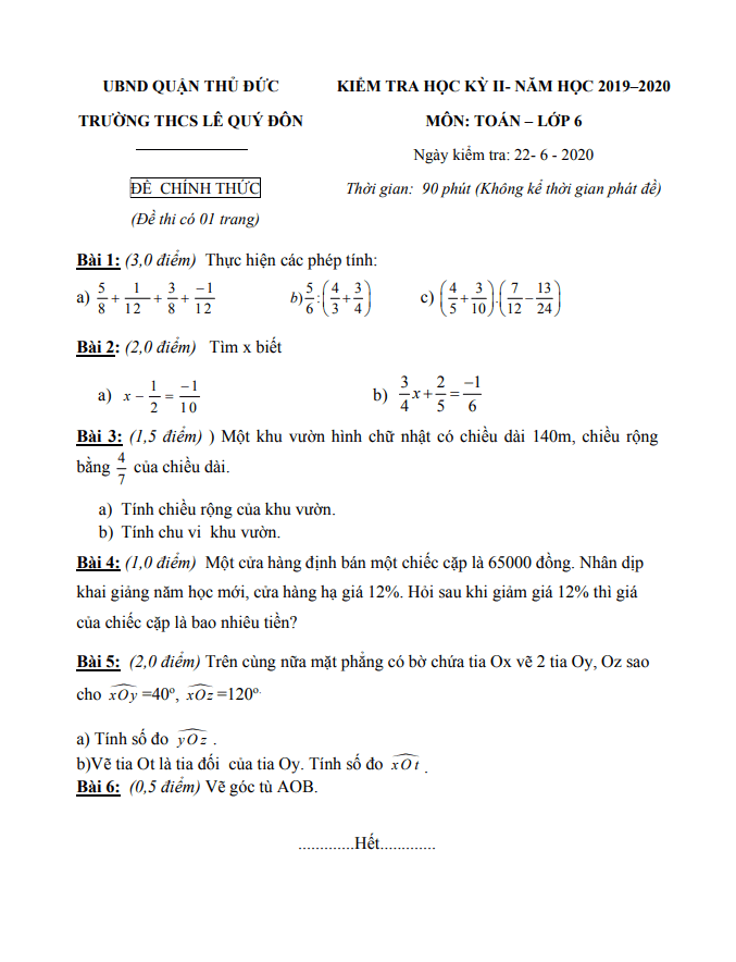 de thi hoc ki 2 hk2 lop 6 mon toan nam 2019 2020 truong thcs le quy don tp hcm d
