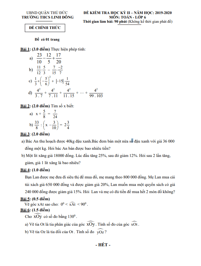 Đề thi học kì 2 (HK2) lớp 6 môn Toán năm 2019 2020 trường THCS Linh Đông TP HCM 2 de thi hoc ki 2 hk2 lop 6 mon toan nam 2019 2020 truong thcs linh dong tp hcm d