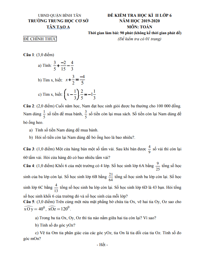 de thi hoc ki 2 hk2 lop 6 mon toan nam 2019 2020 truong thcs tan tao a tp hcm d