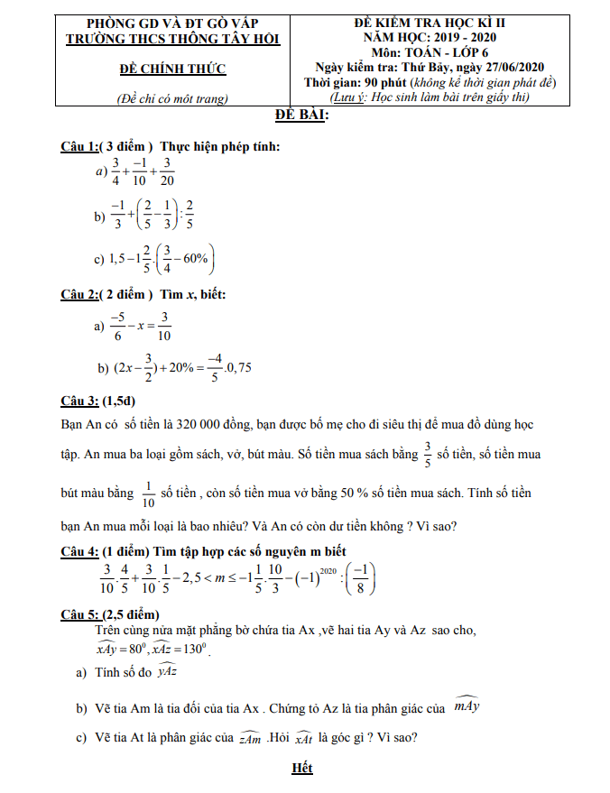 de thi hoc ki 2 hk2 lop 6 mon toan nam 2019 2020 truong thcs thong tay hoi tp hcm d