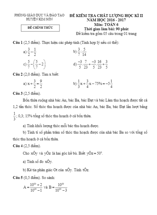 de thi hoc ki 2 hk2 lop 6 mon toan nam hoc 2016 2017 phong gd va dt kim son ninh binh d