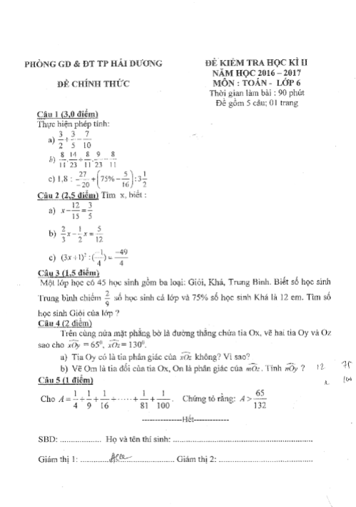Đề thi học kì 2 (HK2) lớp 6 môn Toán năm học 2016 2017 phòng GD và ĐT Thành phố Hải Dương 1 de thi hoc ki 2 hk2 lop 6 mon toan nam hoc 2016 2017 phong gd va dt thanh pho hai duong d