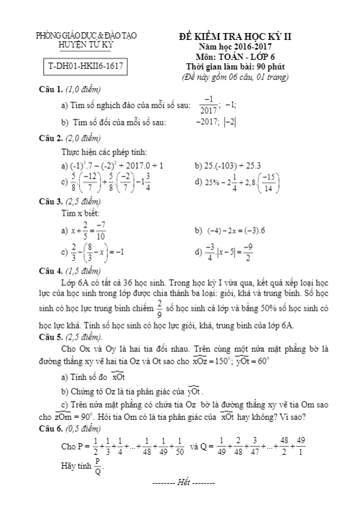 de thi hoc ki 2 hk2 lop 6 mon toan nam hoc 2016 2017 phong gd va dt tu ky hai duong d