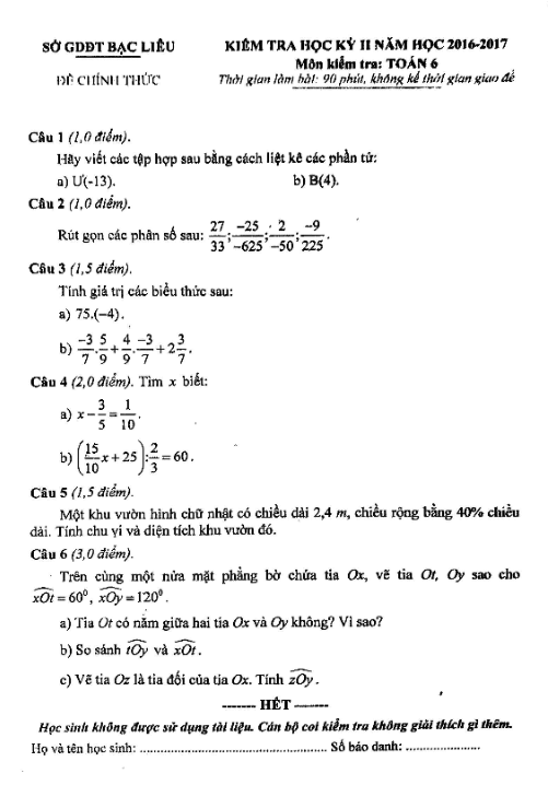 de thi hoc ki 2 hk2 lop 6 mon toan nam hoc 2016 2017 so gd va dt bac lieu d