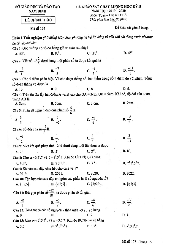 de thi hoc ki 2 hk2 lop 6 mon toan nam hoc 2019 2020 so gd dt nam dinh d