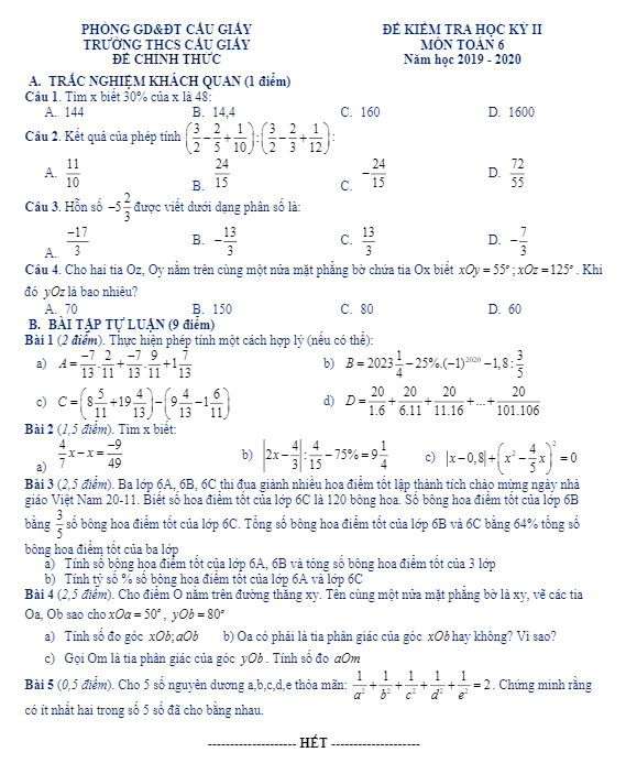 de thi hoc ki 2 hk2 lop 6 mon toan nam hoc 2019 2020 truong thcs cau giay ha noi d