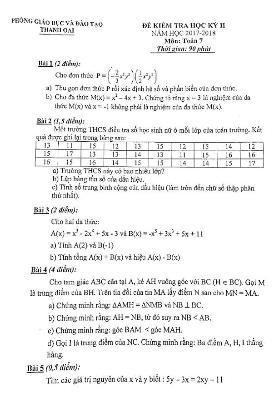 Đề thi học kì 2 (HK2) lớp 7 môn Toán năm 2017 2018 phòng GD và ĐT Thanh Oai Hà Nội 3 de thi hoc ki 2 hk2 lop 7 mon toan nam 2017 2018 phong gd va dt thanh oai ha noi d