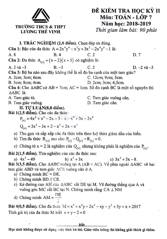 de thi hoc ki 2 hk2 lop 7 mon toan nam 2018 2019 truong luong the vinh ha noi d