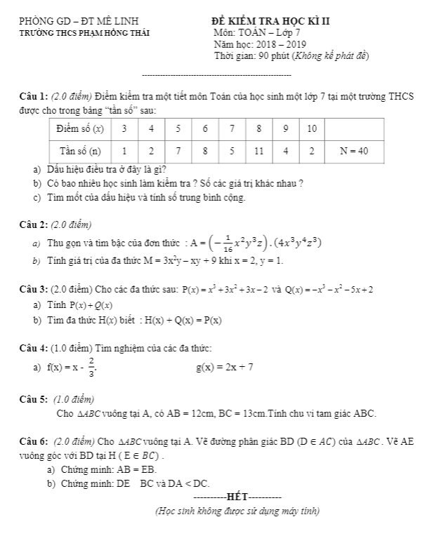de thi hoc ki 2 hk2 lop 7 mon toan nam 2018 2019 truong thcs pham hong thai ha noi d