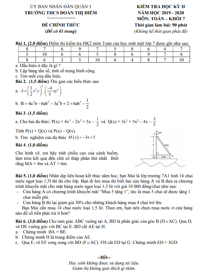 Đề thi học kì 2 (HK2) lớp 7 môn Toán năm 2019 2020 trường THCS Đoàn Thị Điểm TP HCM 6 de thi hoc ki 2 hk2 lop 7 mon toan nam 2019 2020 truong thcs doan thi diem tp hcm d