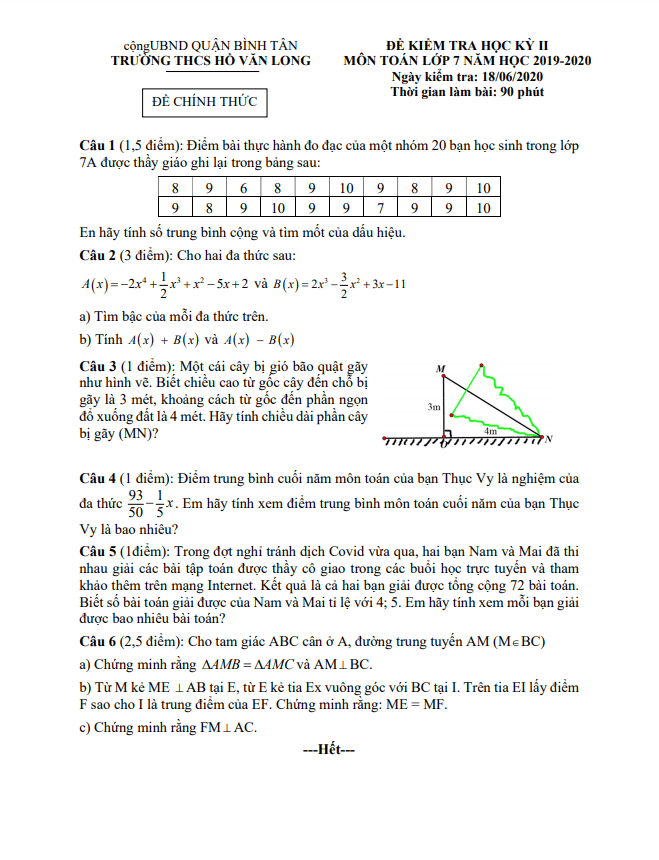de thi hoc ki 2 hk2 lop 7 mon toan nam 2019 2020 truong thcs ho van long tp hcm d