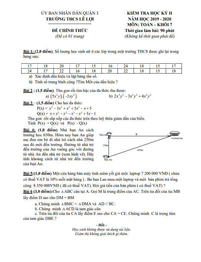 de thi hoc ki 2 hk2 lop 7 mon toan nam 2019 2020 truong thcs le loi tp hcm d