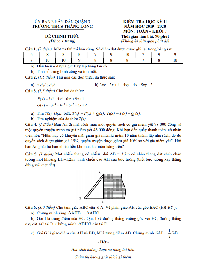 de thi hoc ki 2 hk2 lop 7 mon toan nam 2019 2020 truong thcs thang long tp hcm d