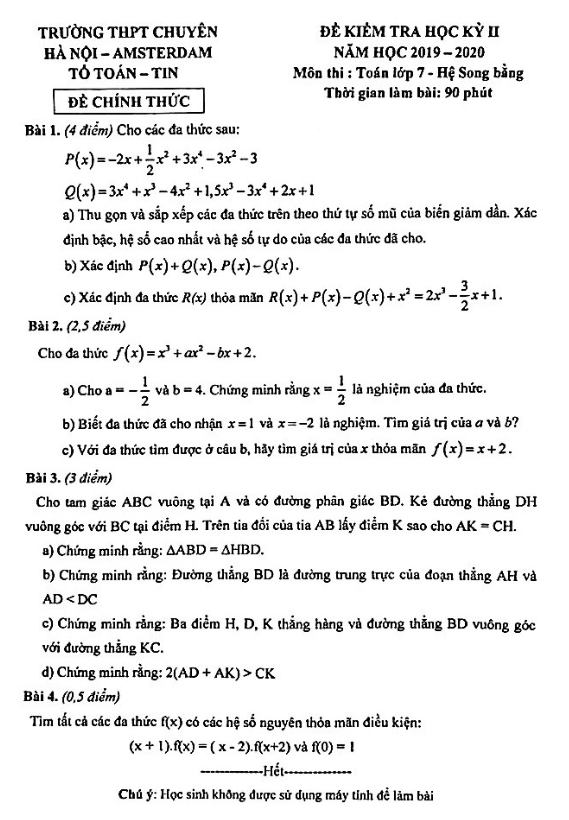 de thi hoc ki 2 hk2 lop 7 mon toan nam 2019 2020 truong thpt chuyen ha noi amsterdam d