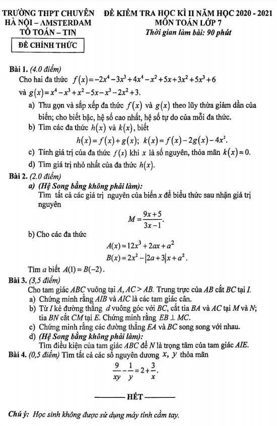 de thi hoc ki 2 hk2 lop 7 mon toan nam 2020 2021 truong chuyen ha noi amsterdam d