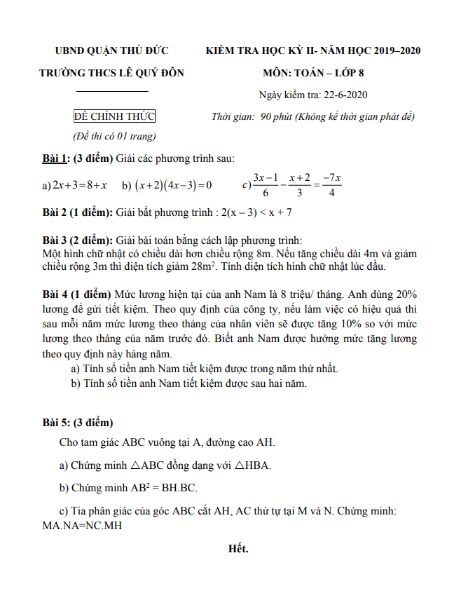 de thi hoc ki 2 hk2 lop 8 mon toan nam 2019 2020 truong thcs le quy don tp hcm d