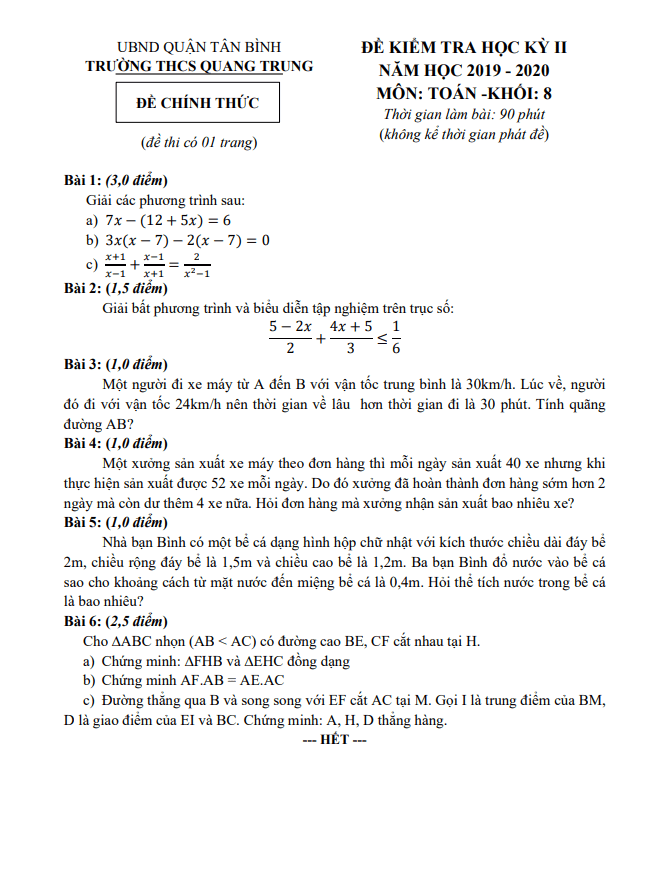 Đề thi học kì 2 (HK2) lớp 8 môn Toán năm 2019 2020 trường THCS Quang Trung TP HCM 6 de thi hoc ki 2 hk2 lop 8 mon toan nam 2019 2020 truong thcs quang trung tp hcm d