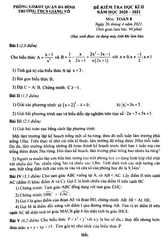 de thi hoc ki 2 hk2 lop 8 mon toan nam 2020 2021 truong thcs giang vo ha noi d