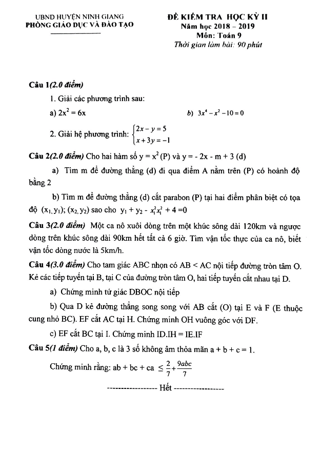 de thi hoc ki 2 hk2 lop 9 mon toan nam 2018 2019 phong gd dt ninh giang hai duong d